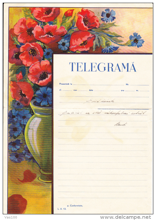 TELEGRAM FORM, POPPIES, FLOWERS, ROMANIA - Télégraphes