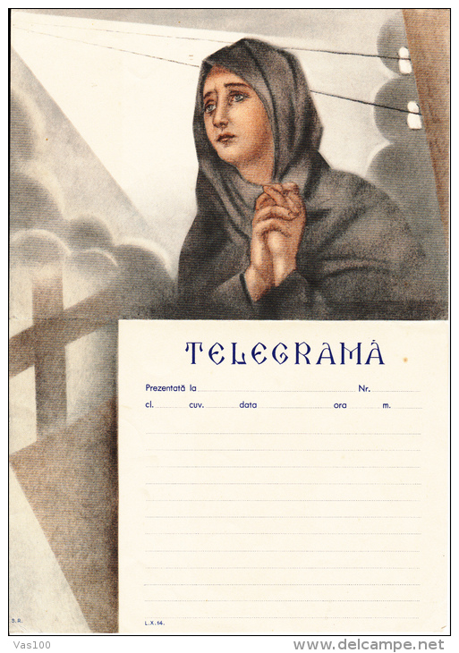 TELEGRAM FORM WITH ENVELOPE, WOMAN PRAYING, CROSS, 1940, ROMANIA - Télégraphes