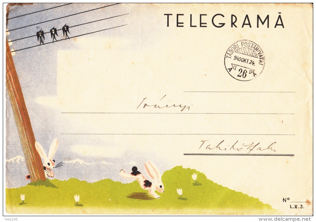 TELEGRAM FORM WITH ENVELOPE, BUNNIES, SWALLOWS, TELEGRAPH POLE, 1940, ROMANIA - Télégraphes