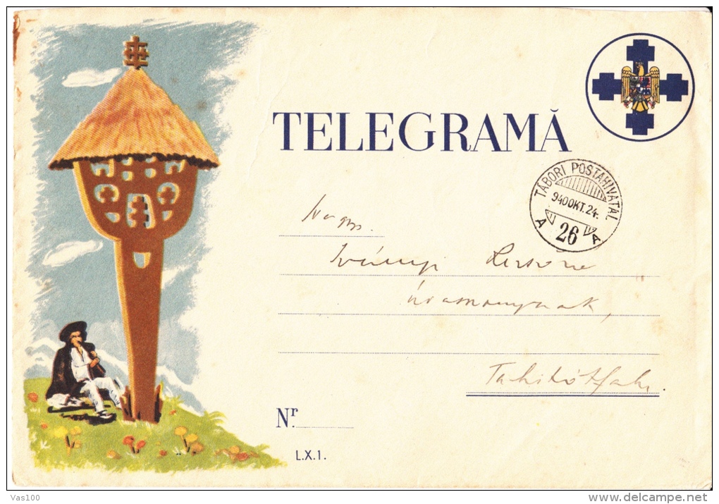 TELEGRAM FORM WITH ENVELOPE, SHEPHARD, MUSHROOMS, CARVED WOOD CROSS, 1940, ROMANIA - Télégraphes