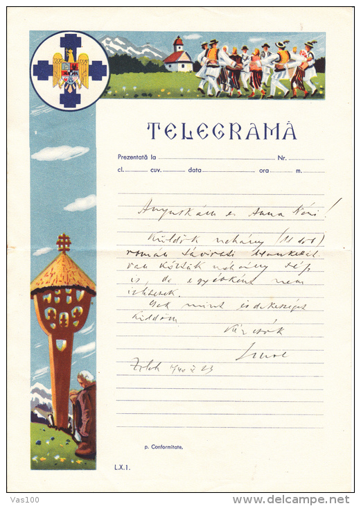 TELEGRAM FORM WITH ENVELOPE, SHEPHARD, MUSHROOMS, CARVED WOOD CROSS, 1940, ROMANIA - Télégraphes
