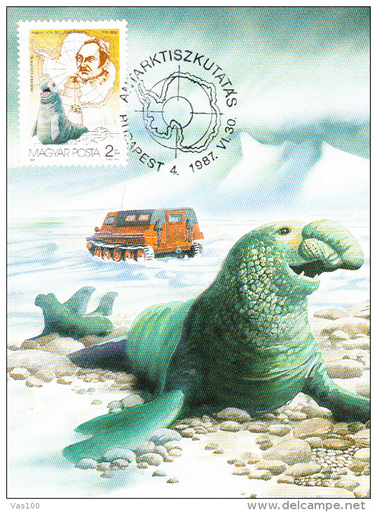 ANTARCTIK EXPLORINGS, SEA ELEPHANT, VEHICLE, CM, MAXICARD, CARTES MAXIMUM, 1987, HUNGARY - Explorers