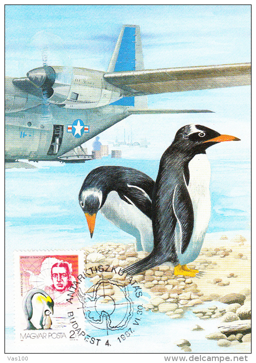 ANTARCTIK EXPLORINGS, PENGUIN, PLANE, CM, MAXICARD, CARTES MAXIMUM, 1987, HUNGARY - Explorers