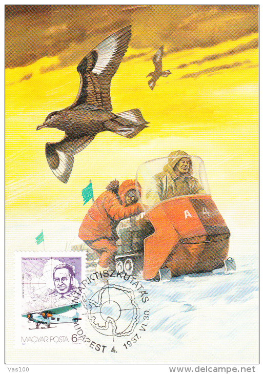 ANTARCTIK EXPLORINGS, PLANE, VEHICLE, SEAGULLS, CM, MAXICARD, CARTES MAXIMUM, 1987, HUNGARY - Explorateurs