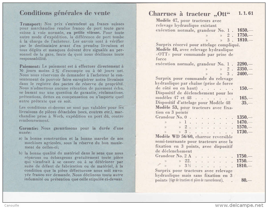 Ott Frères SA - Machines - Worb/Berne - Charrue Etc ... 1961. - Tractors