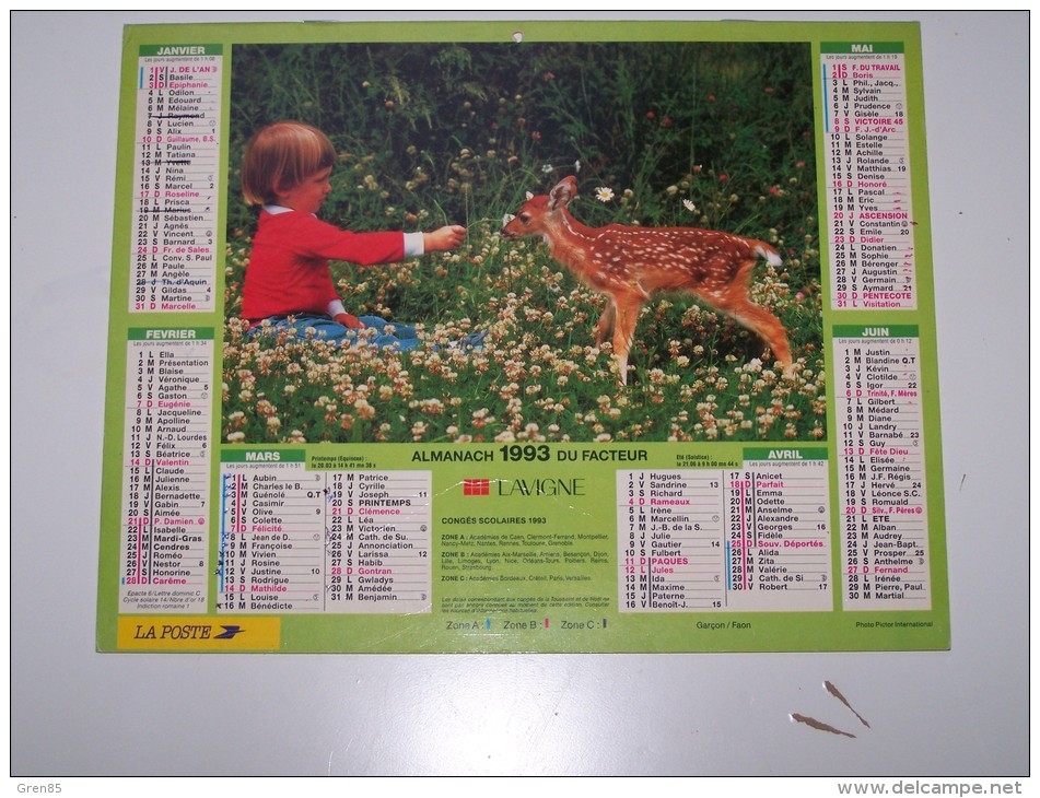 1993 CALENDRIER (double) ALMANACH DU FACTEUR, LA POSTE, GARCON/FAON, POULAIN, LAVIGNE, ARDENNES 08 - Tamaño Grande : 1991-00