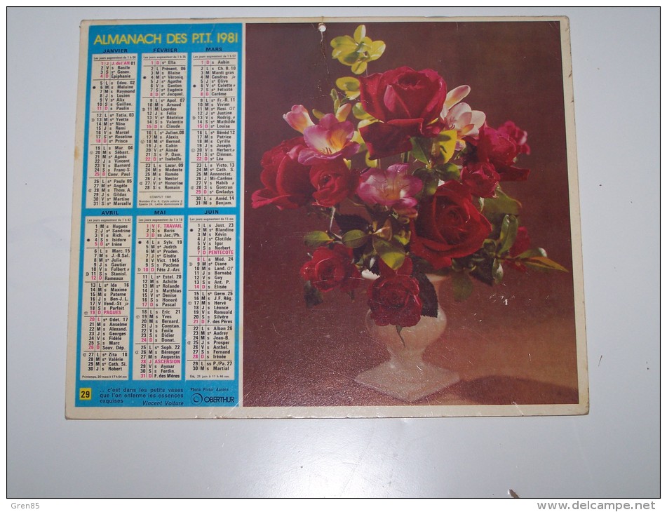 1981 CALENDRIER (double) ALMANACH DES PTT P T T, BOUQUETS DE FLEURS, OBERTHUR, SEINE ET MARNE 77 - Grand Format : 1981-90