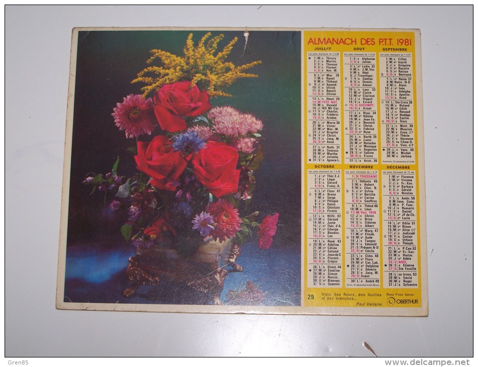 1981 CALENDRIER (double) ALMANACH DES PTT P T T, BOUQUETS DE FLEURS, OBERTHUR, SEINE ET MARNE 77 - Groot Formaat: 1981-90