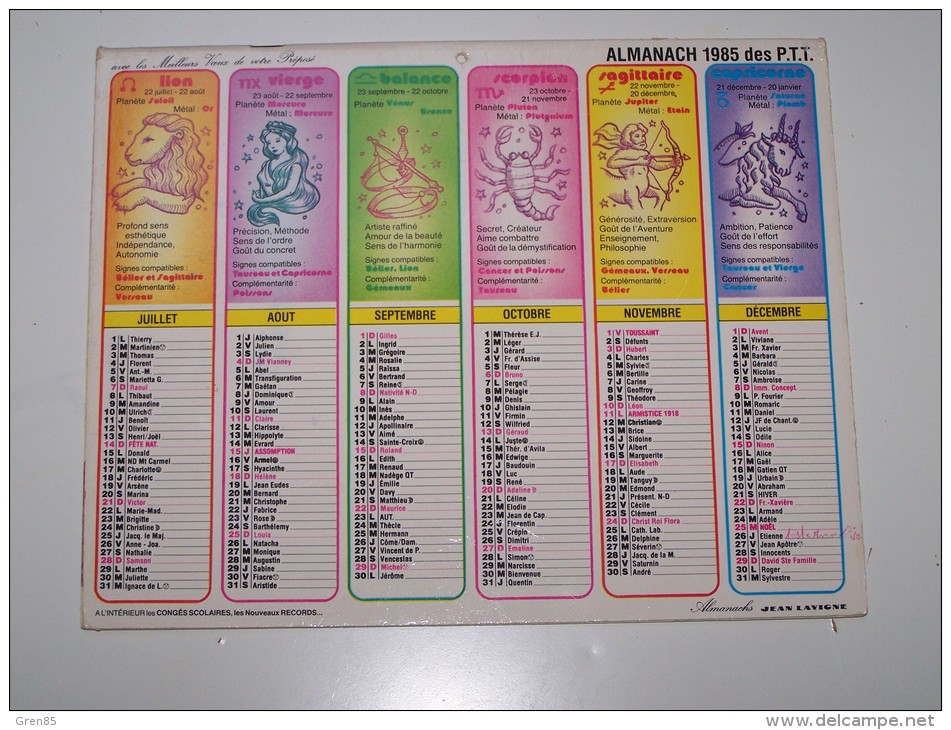 1985 CALENDRIER (double) ALMANACH DES PTT P T T, SIGNES ASTROLOGIQUES, ALMANACHS JEAN LAVIGNE, ARDENNES 08 - Big : 1981-90