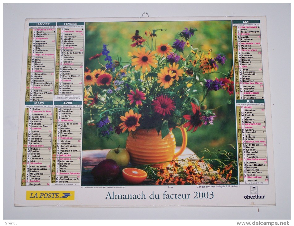 2003 CALENDRIER (double) ALMANACH DU FACTEUR, LA POSTE, BOUQUET DE FLEURS, CORBEILLE DE FRUITS, OBERTHUR, ARDENNES 08 - Formato Grande : 2001-...