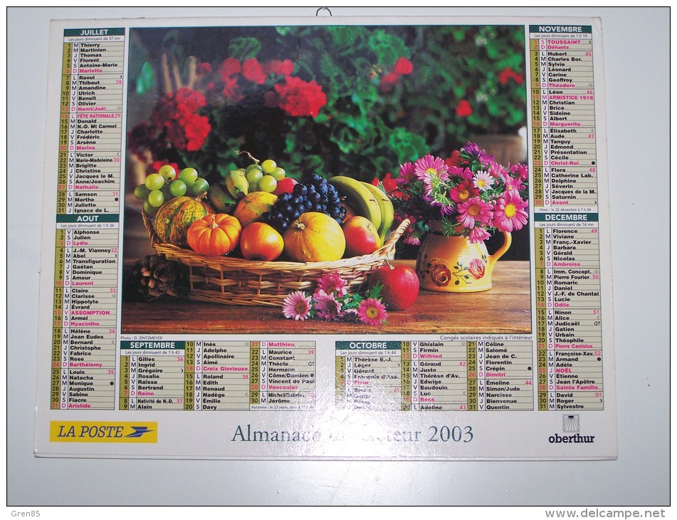 2003 CALENDRIER (double) ALMANACH DU FACTEUR, LA POSTE, BOUQUET DE FLEURS, CORBEILLE DE FRUITS, OBERTHUR, ARDENNES 08 - Grand Format : 2001-...