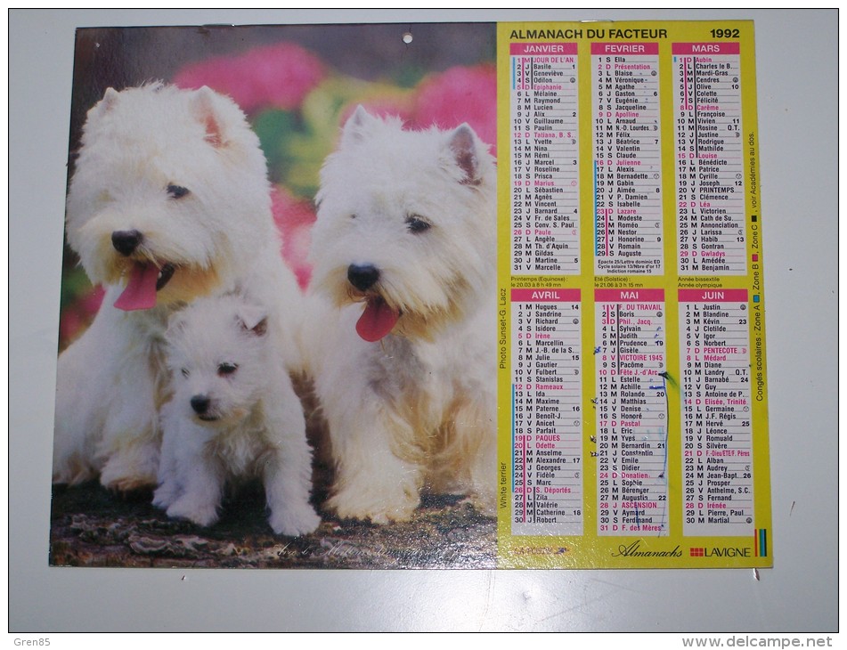 1992 CALENDRIER (double) ALMANACH DU FACTEUR, LA POSTE, YORKSHIRE TERRIER, WHITE TERRIER, ALMANACHS LAVIGNE, ARDENNES 08 - Big : 1991-00