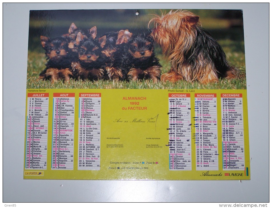 1992 CALENDRIER (double) ALMANACH DU FACTEUR, LA POSTE, YORKSHIRE TERRIER, WHITE TERRIER, ALMANACHS LAVIGNE, ARDENNES 08 - Groot Formaat: 1991-00