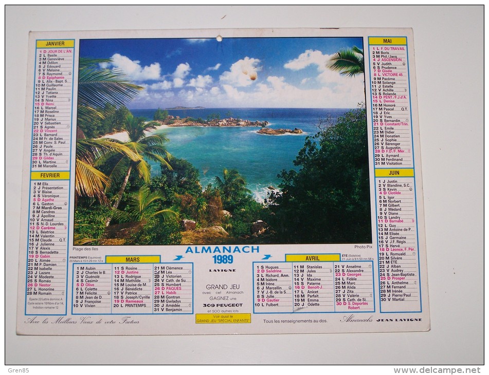 1989 CALENDRIER (double) ALMANACH, LA POSTE, SOIR D'ETE SUR LA PLAGE, PLAGE DES ILES, ALMANACHS LAVIGNE, ARDENNES 08 - Grand Format : 1981-90