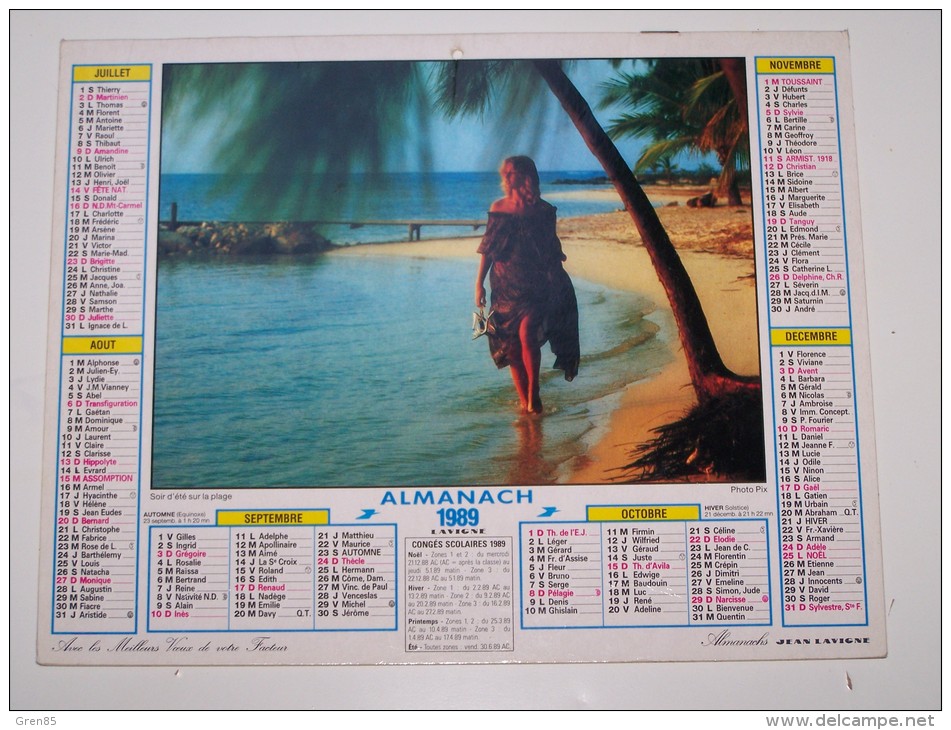 1989 CALENDRIER (double) ALMANACH, LA POSTE, SOIR D'ETE SUR LA PLAGE, PLAGE DES ILES, ALMANACHS LAVIGNE, ARDENNES 08 - Grand Format : 1981-90