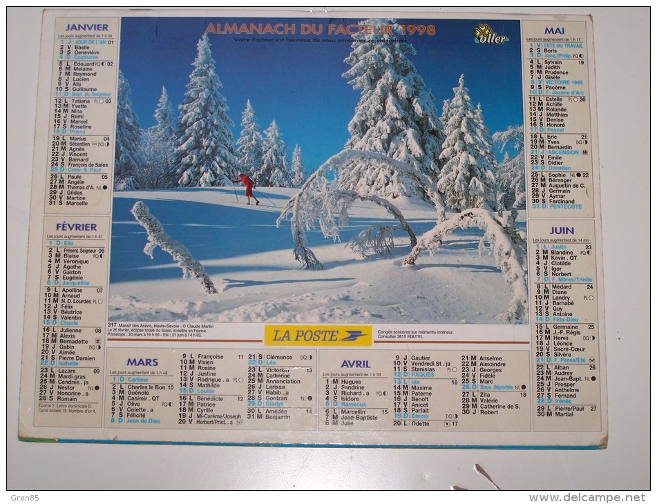 1998 CALENDRIER (double) ALMANACH DU FACTEUR, LA POSTE, VILLENEUVE D´ENTRAUNES, MASSIF ARAVIS, OLLER, VAR 83 - Grossformat : 1991-00