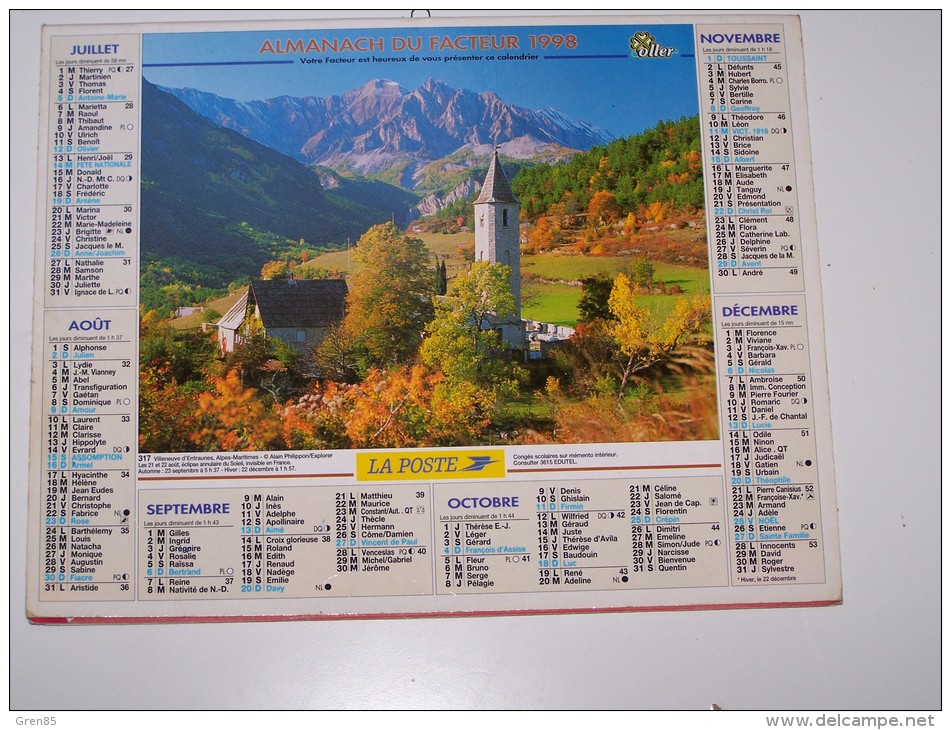 1998 CALENDRIER (double) ALMANACH DU FACTEUR, LA POSTE, VILLENEUVE D´ENTRAUNES, MASSIF ARAVIS, OLLER, VAR 83 - Groot Formaat: 1991-00