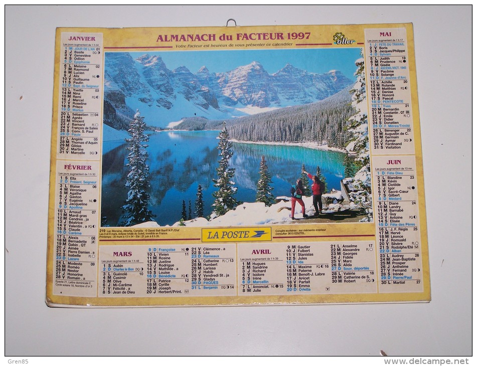 1997 CALENDRIER (double) ALMANACH DU FACTEUR, LA POSTE, WETTERHORN, SUISSE, LAC MORAINE CANADA, OLLER, VAR 83 - Tamaño Grande : 1991-00