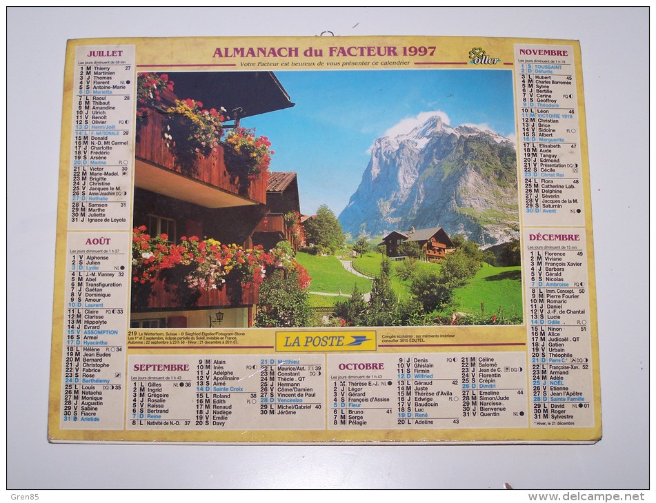 1997 CALENDRIER (double) ALMANACH DU FACTEUR, LA POSTE, WETTERHORN, SUISSE, LAC MORAINE CANADA, OLLER, VAR 83 - Grand Format : 1991-00