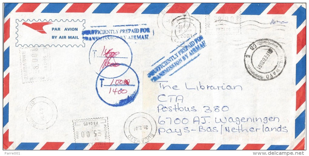 Zimbabwe 2001 Bulawayo Pitney Bowes 6300 PB C405 Meter Franking Underfranked Cover For Transmission By Air Mail - Zimbabwe (1980-...)