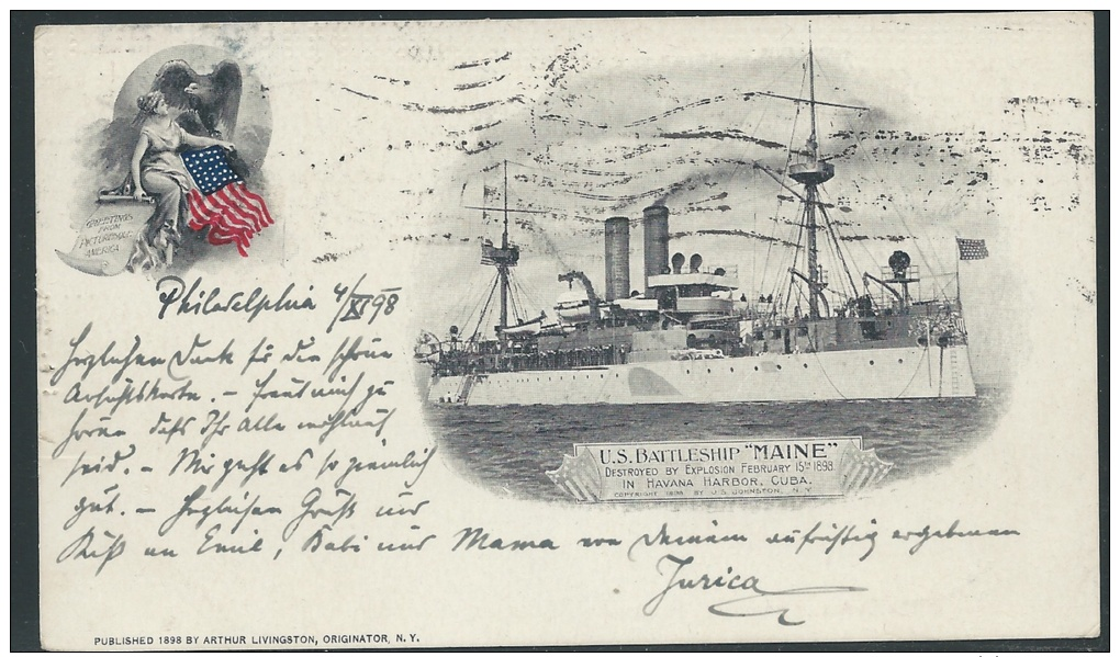 Spanish American War 1898, U.S. Battleship "Maine" Picture Postcard, With Scott #281 (5c Grant), Sent To Austria - Postal History