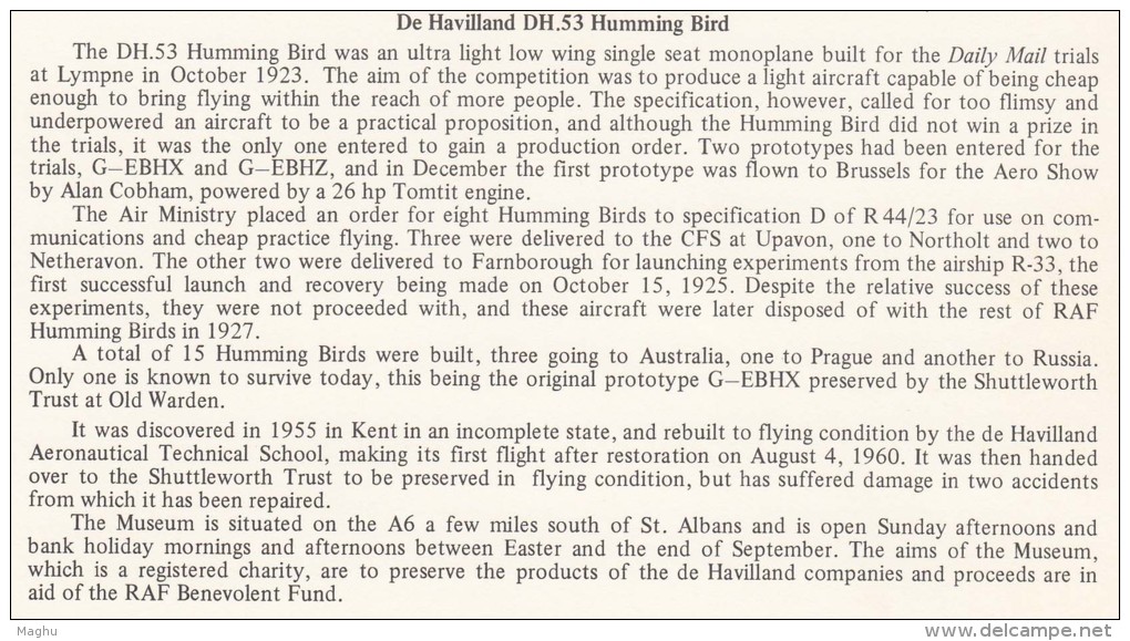 Humming Bird, Great Britain Covr, Mosquito Aircraft Museum, Australia, Russia, Airplane History, Hatfield Herts Postmark - Colibris