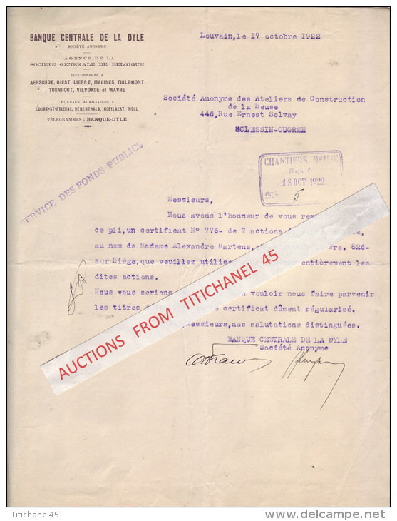 Brief 1922 - LEUVEN - AERSCHOT - DIEST - LIER - MACHELEN - TURNHOUT - TIENEN - WAVRE - BANQUE CENTRALE DE LA DYLE - Autres & Non Classés