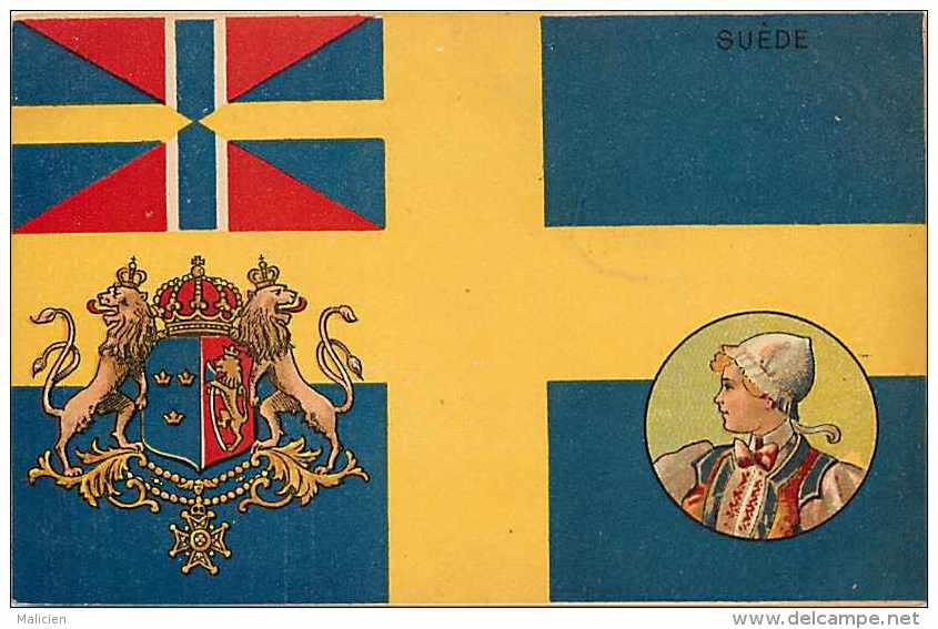 Pays Divers -suède - Ref 701  - Drapeau Suédois Avec Blason Et Femme En Médaillon - Carte Bon état - - Suède