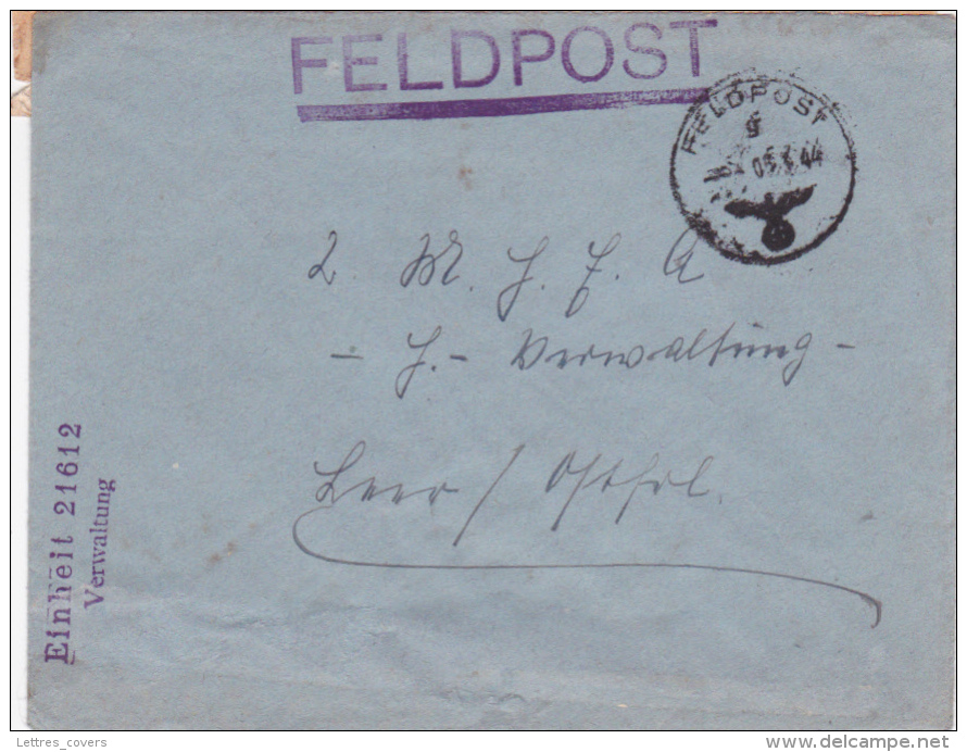 1944 Griffe "EINHEIT 21612 VERWALTUNG"-  Sur Lettre Franchise FM Feldpost / DR Frankreich 2 WK France Brief - Feldpost 2e Guerre Mondiale