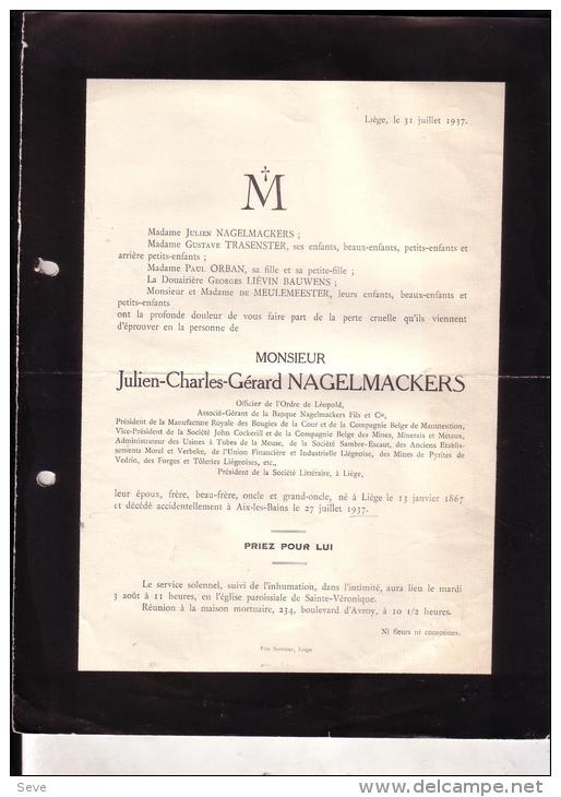 LIEGE AIX-LES-BAINS Julien NAGELMACKERS 1867-1937 Banquier Administrateur De Sociétés Faire-part Mortuaire ORBAN - Overlijden