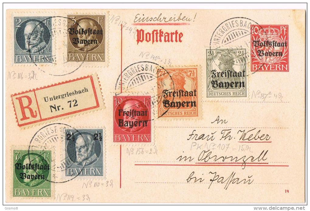 Einschreib-Ganzsache Volksstaat Mit Zusatzfrankatur Frei-/Volksstaat Und Original Bayern 10.12.1919 - Sonstige & Ohne Zuordnung