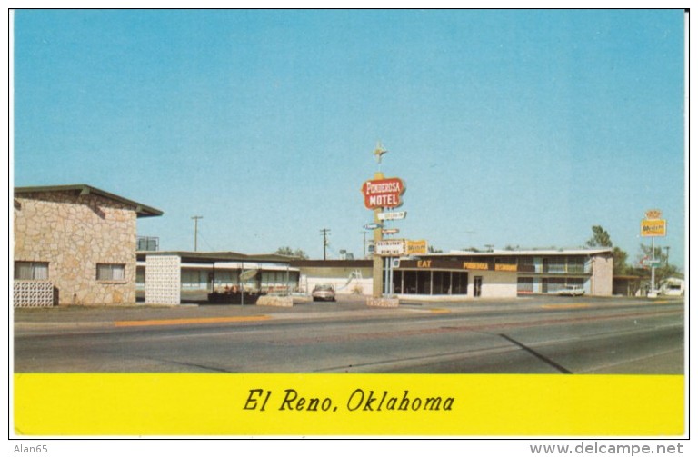 Route 66, El Reno OK Oklahoma, Ponderosa Motel, Lodging, Restaurant, 1950s Vintage Postcard - Route ''66'