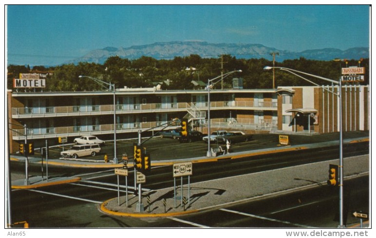 Route 66 Road Sign, Albuquerque NM New Mexico, Crossroads Motel, Auto Lodging, 1960s Vintage Postcard - Route '66'