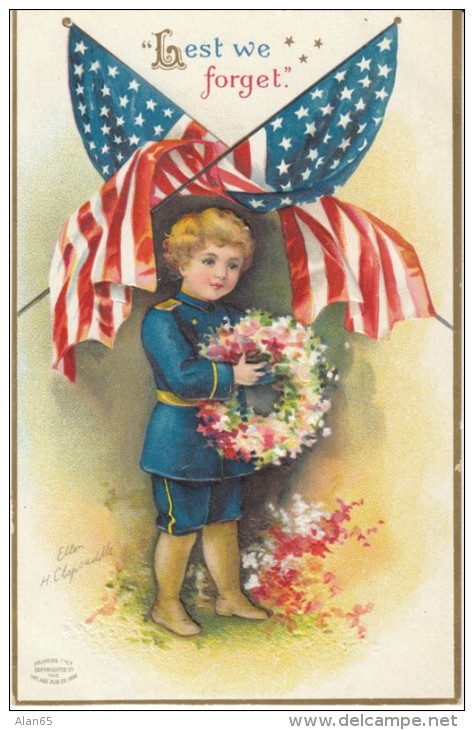 Clapsaddle Artist Signed, Memorial Day Child Flag Uniform, C1900s/10s Vintage Embossed Postcard - Clapsaddle