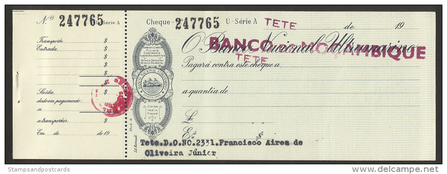 Mozambique Portugal Fiscal Cheque Bancaire BNU Tete Surchargé Independence Stamped Revenue Bank Check Overprinted - Lettres & Documents