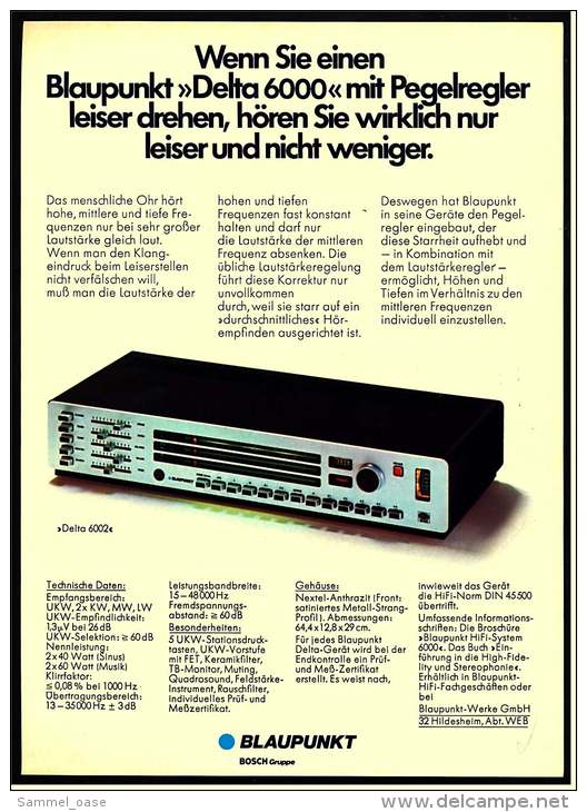 Reklame Werbeanzeige  ,  Blaupunkt Musik-Anlage Delta 6000 ,  Von 1974 - Andere Geräte