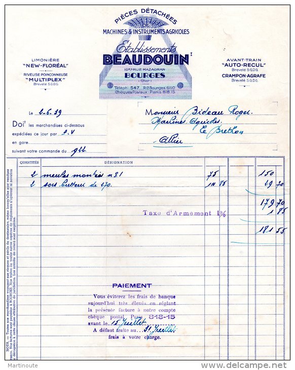 - FACTURE - 18 BOURGES - Etablissements BEAUDOIN - Machines Agricoles - 003 - Autres & Non Classés