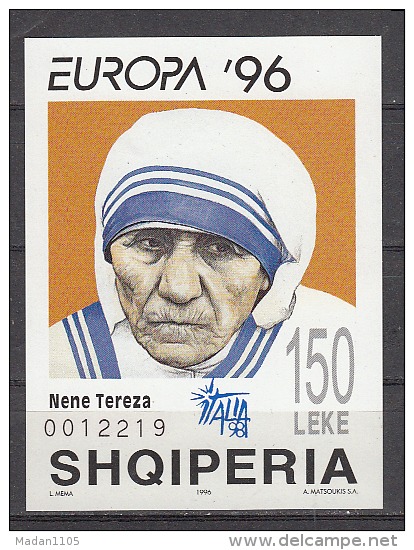 ALBANIA, 1996, Mother Teresa, Nobel Prize Winner, Miniature Sheet, Imperforated,   MNH, (**) - Madre Teresa