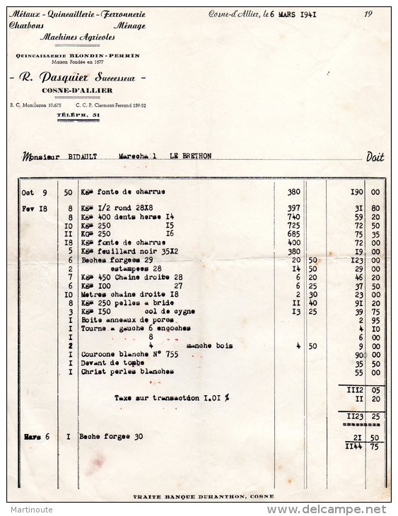 - FACTURE - 03 - COSNE D'ALLIER - R. PASQUIER - Machines Agricoles - 005 - Other & Unclassified