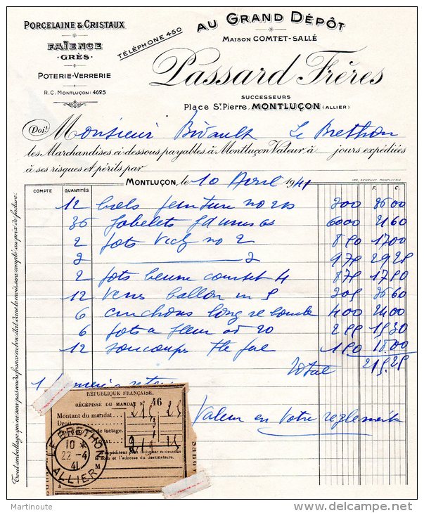 - FACTURE - 03 - MONTLUCON - Porcelaine & Cristaux - PASSARD Frères - 009 - Other & Unclassified