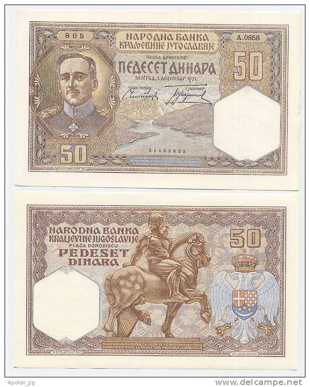 YUGOSLAVIA:  50 Dinara 1.12.1931 UNC *King Alexander * BEAUTIFUL VINTAGE BANKNOTE! - Yugoslavia