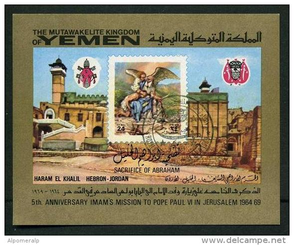 YEMEN KINGDOM 1969 - Mi. 709 (Bl.153B) View Of Hebron; Painting "Abraham Sacrifices Isaac"by Jacopo Tintoretto, Religion - Yemen