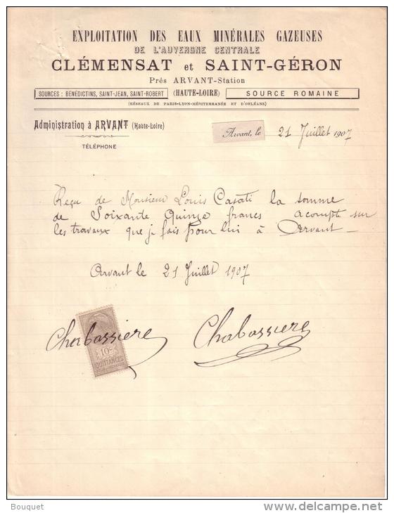 EXPLOITATION DES EAUX MINERALES GAZEUSES DE L´AUVERGNE CENTRALE - CLEMENSAT ET SAINT-GERON Près ARVANT-Station - 1907 - Food