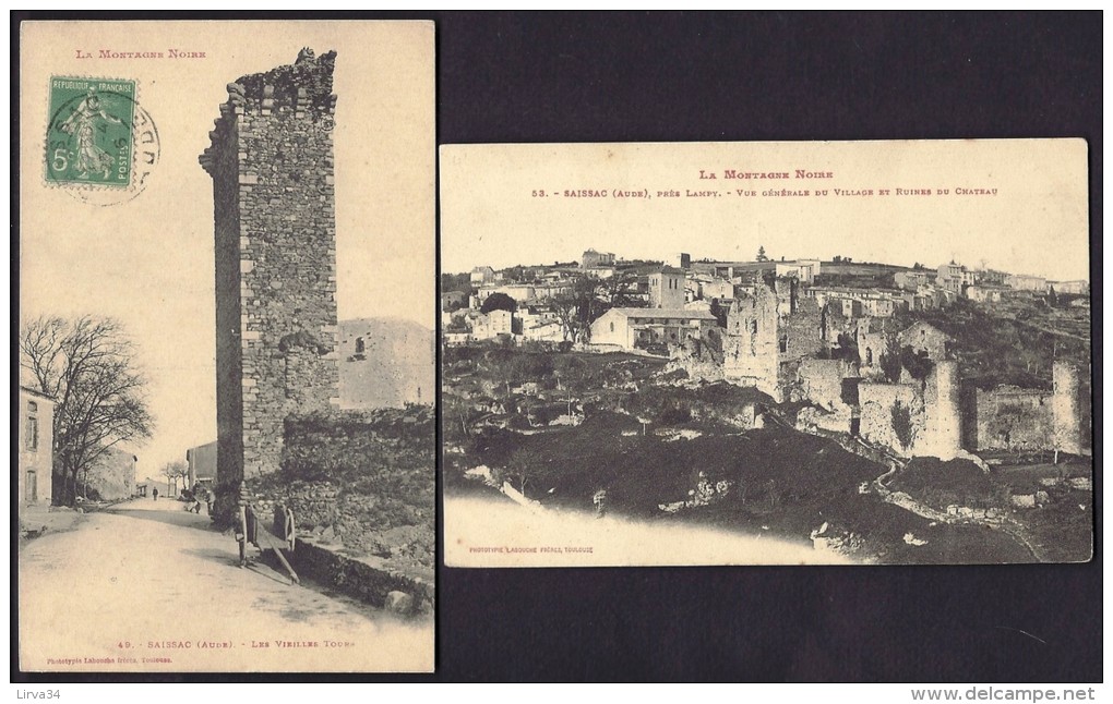 LOT 2 CPA ANCIENNES- FRANCE- SAISSAC (11)- VUE GENERALE ET CHATEAU- VIEILLES TOURS- CHARRETTE- GROS PLAN - Sonstige & Ohne Zuordnung