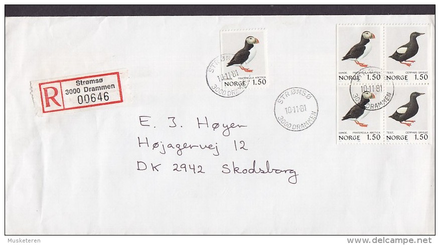 Norway Registered Einschreiben Label STRØMSØ Drammen 1981 Cover Brief To SKODSBORG Denmark Bird Vogel Oiseau 2x Pairs - Briefe U. Dokumente