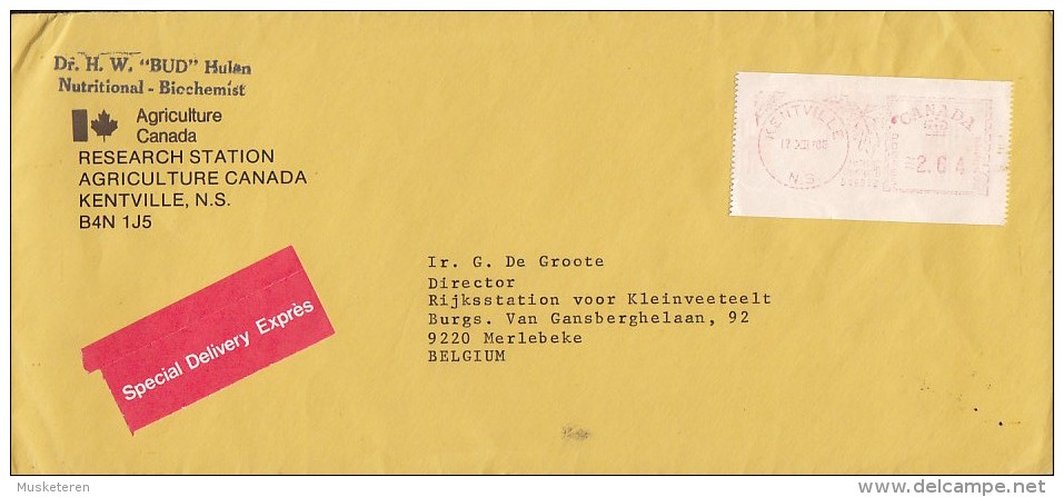 Canada Special Delivery Exprés Label KENTVILLE Meter Stamp 1985 Cover Lettre To MERLEBEKE Belgium (2 Scans) - Brieven En Documenten