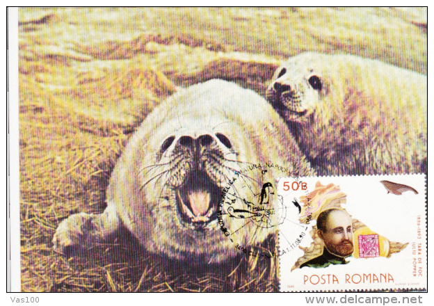 IULIU POPPER, EXPLORER, SEALS, CM, MAXICARD, CARTES MAXIMUM, 1990, ROMANIA - Explorateurs