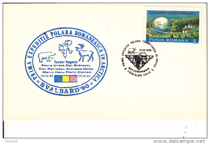 EXPLORERS, POLAR BEAR, RENDEER, SVALBARD EXPEDITION, SPECIAL COVER, 1990, ROMANIA - Explorateurs