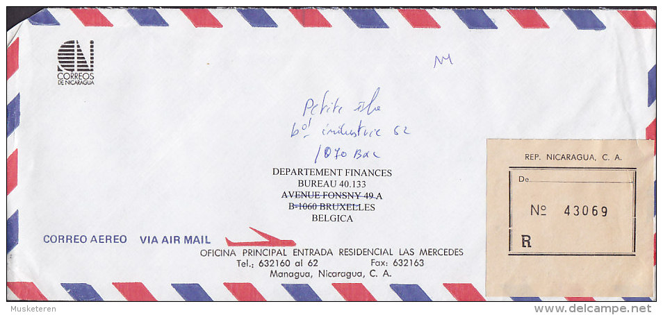 Nicaragua Airmail Aereo Registered Recommandé Certificado Label 1996 Cover Letra To Belgium (2 Scans) - Nicaragua