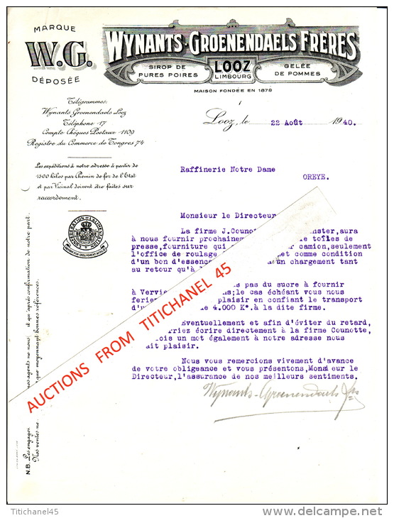 Brief Van 1940 - LOOZ - WYNANTS-GROENENDAELS FRERES - Siroopfabriek - Fabrique De Sirop De Pures Poires, Gelée De Pommes - Autres & Non Classés